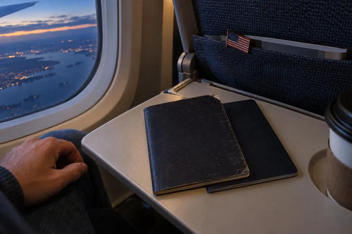 Two passports, one clearly older than the other, placed side by side on a travel desk with a boarding pass, evoking the old-passport-plus-new-passport travel pairing