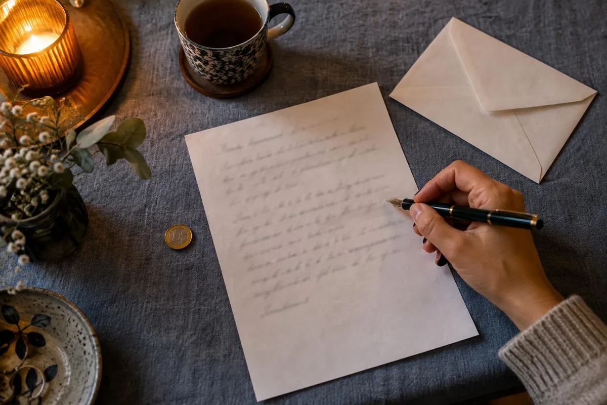 Close-up of a hand signing a one-page typed letter beside a passport and a stack of visa application documents on a desk