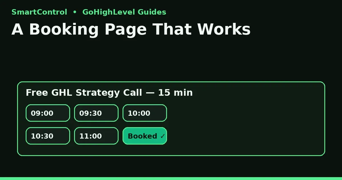 gohighlevel calendar setup booking page with open time slots and a confirmed appointment