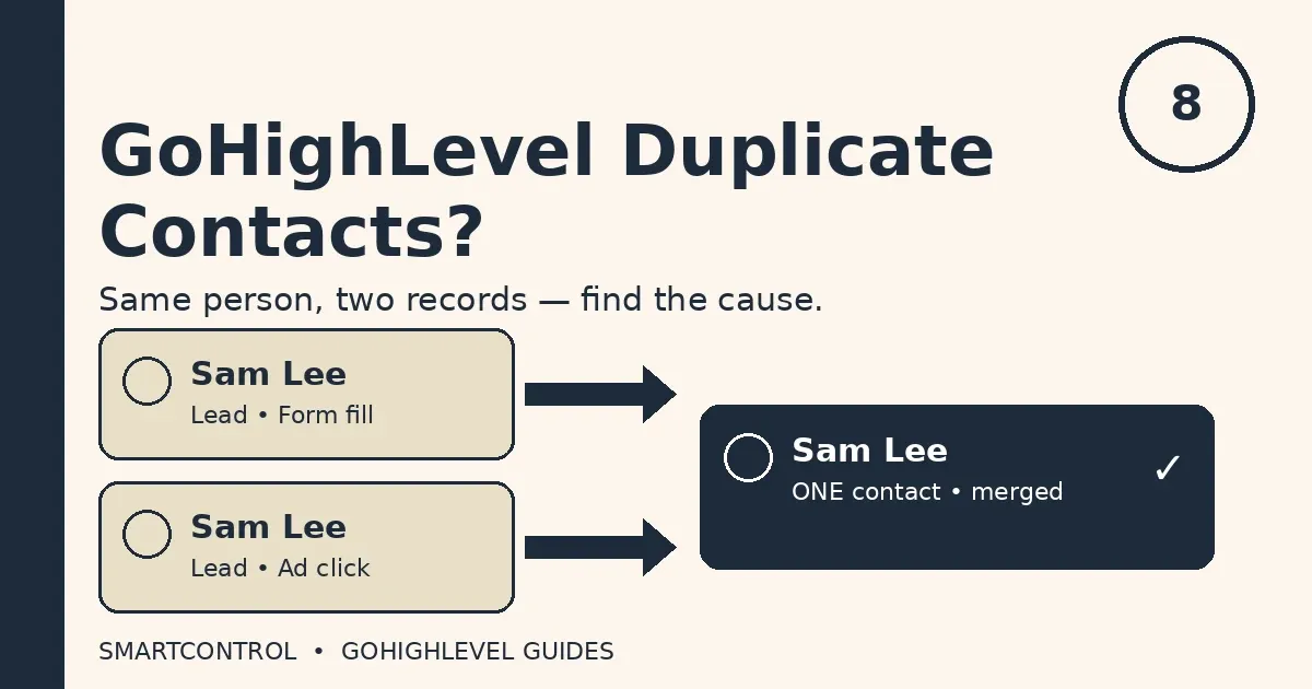 Two GoHighLevel duplicate contacts merging into one clean record