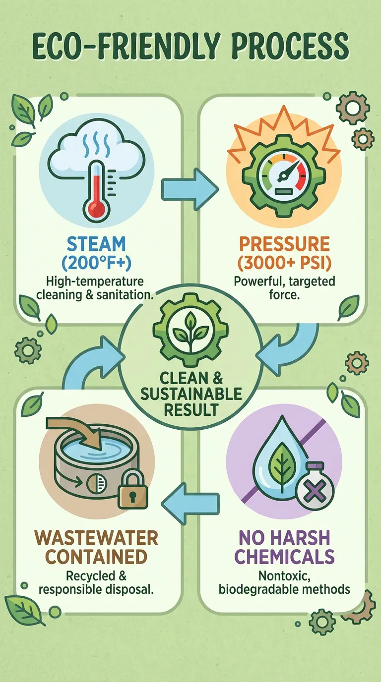 Alt text: An infographic titled "Eco-Friendly Process" with four sections connected by arrows, illustrating a sustainable cleaning method. The top left section shows a cloud with steam and a thermometer, labeled "Steam (200°F+) - High-temperature cleaning & sanitation." The top right section shows a gauge with pressure markings, labeled "Pressure (3000+ PSI) - Powerful, targeted force." The bottom left section depicts a recycling symbol with a lock, labeled "Wastewater Contained - Recycled & responsible disposal." The bottom right section shows a leaf and a test tube with a cross, labeled "No Harsh Chemicals - Nontoxic, biodegradable methods." In the center, a gear with leaves reads "Clean & Sustainable Result." The background is light green with small decorative leaves and gears.