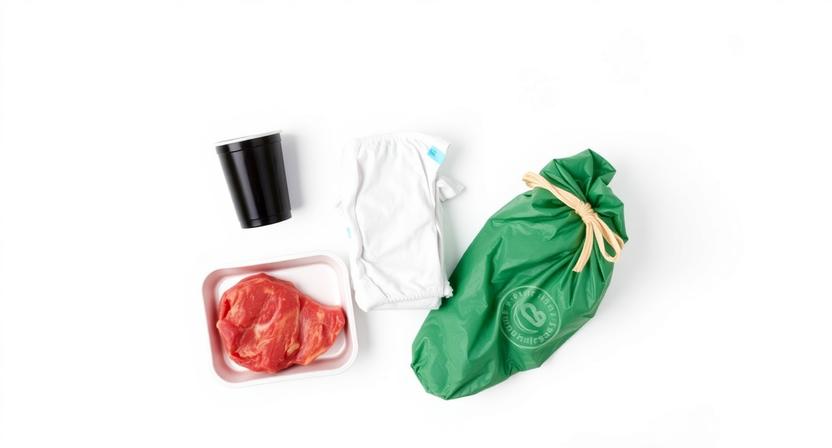 A flat-lay image showing a meat tray, a soda cup, and a diaper placed neatly next to a tied trash bag, with a clean and neutral background.