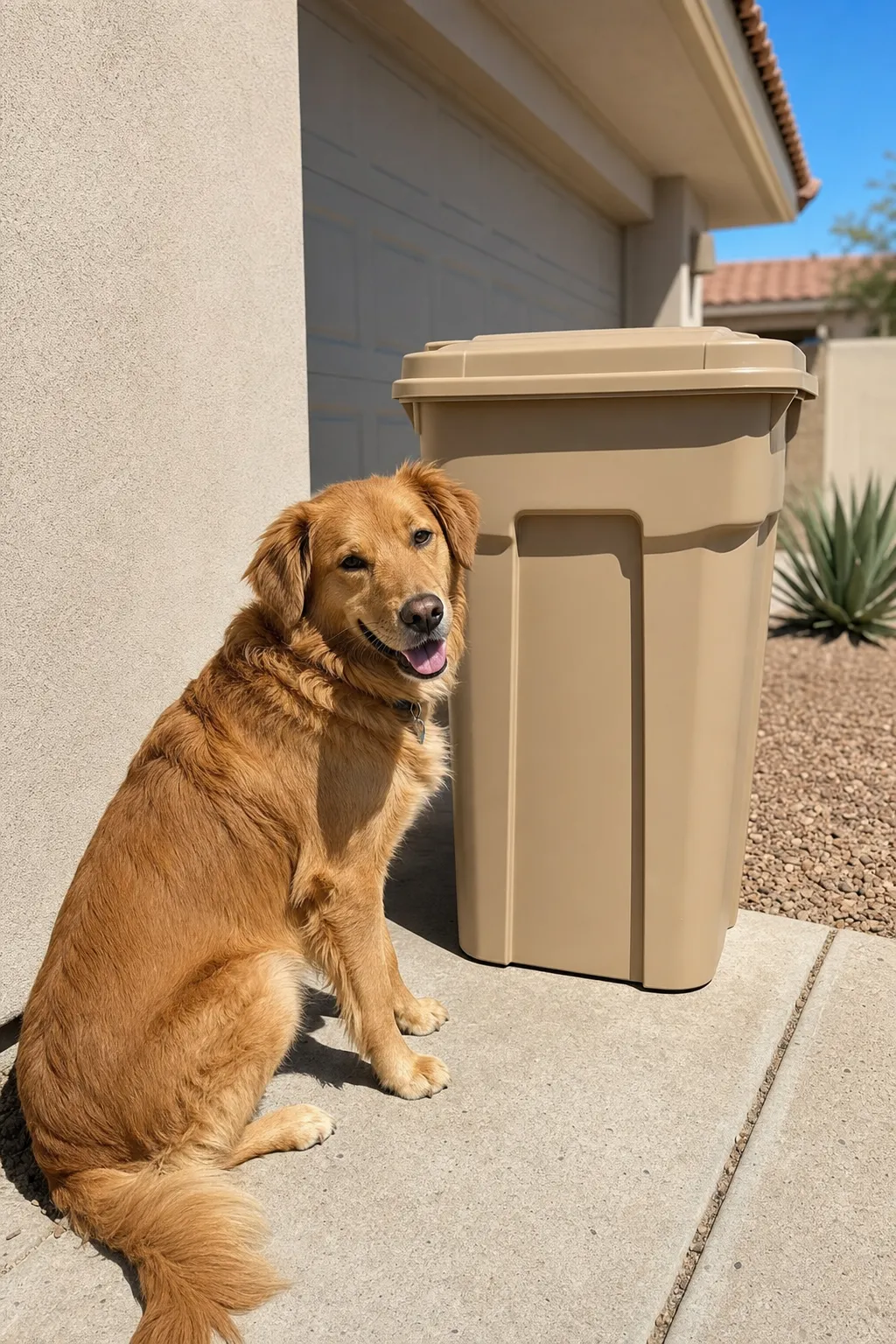 Alt text: A happy golden retriever sitting next to a beige trash bin outside a house, with a garage door in the background and a clear blue sky overhead.