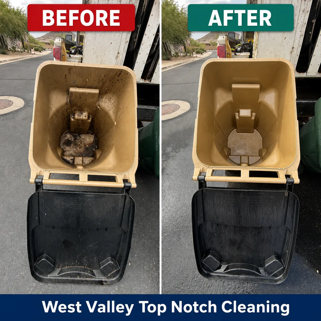 "Side-by-side before-and-after comparison of a residential trash bin. Left panel labeled 'BEFORE' shows the bin's interior heavily soiled with dark, caked-on grime and residue. Right panel labeled 'AFTER' shows the same bin's interior clean and rinsed, with the lid open, no visible residue. A navy blue banner across the bottom reads 'West Valley Top Notch Cleaning.'"