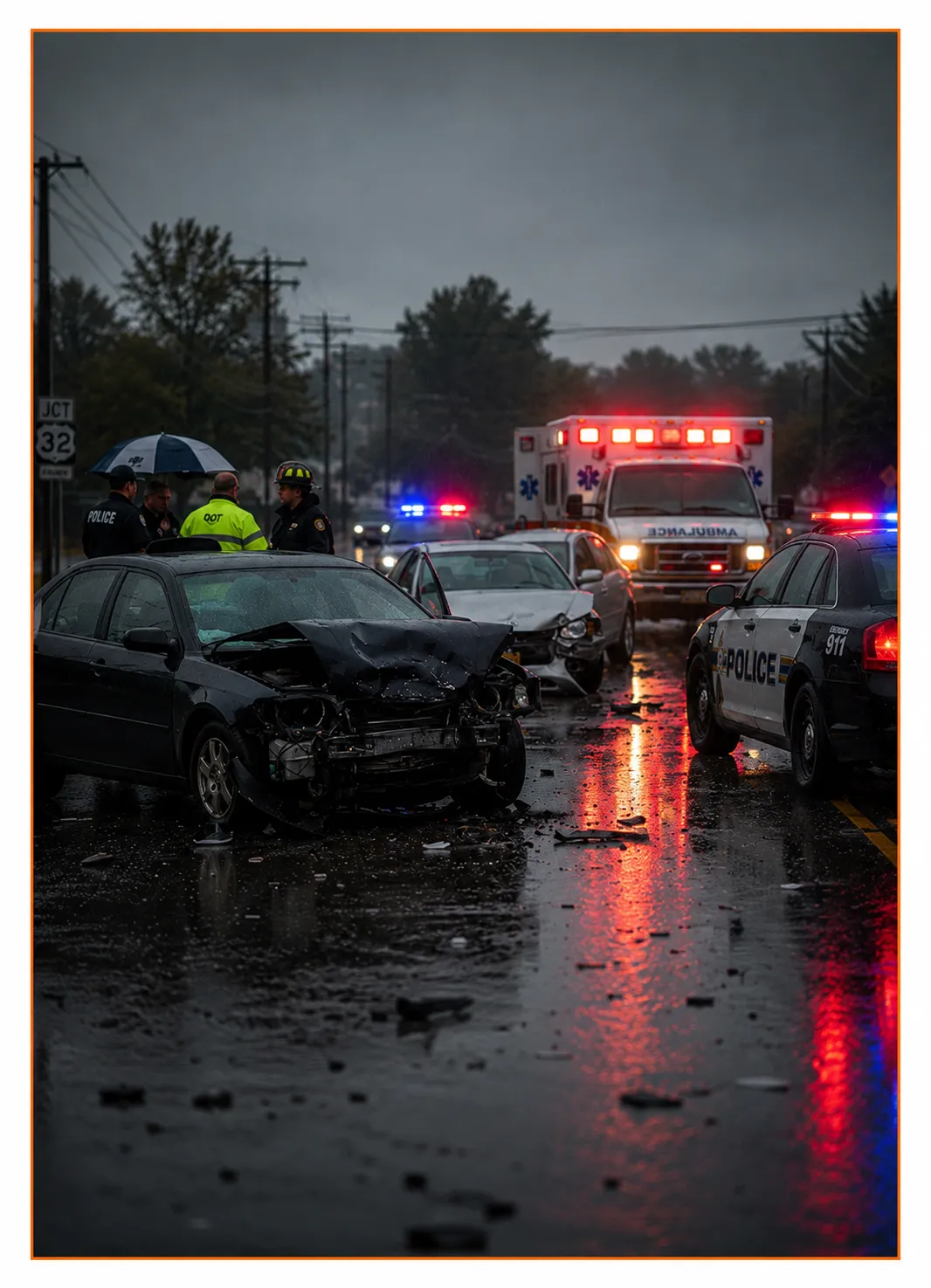 Police and ambulance responding to a serious rainy weather car accident in St. Louis, Missouri, representing legal services offered by St. Louis personal injury attorney Craig Concannon