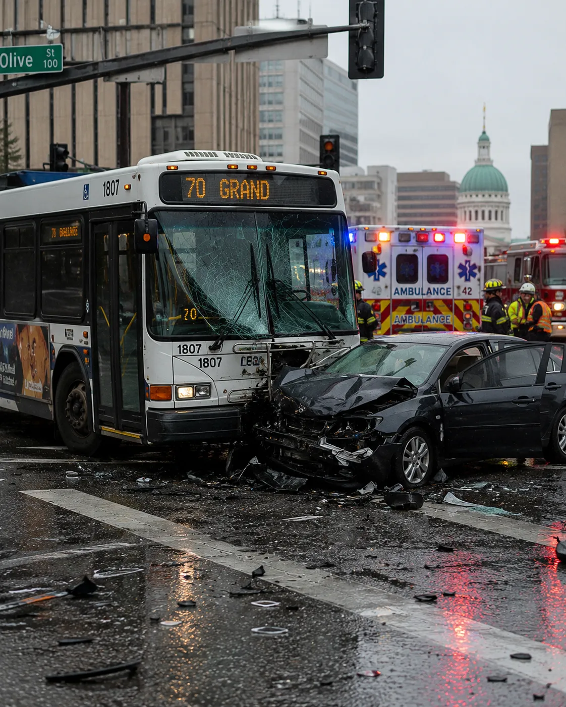 City bus collision with a passenger vehicle at a busy St. Louis intersection during rainy weather, with ambulance and emergency responders on scene, representing legal services provided by St. Louis bus accident attorney Craig Concannon.
