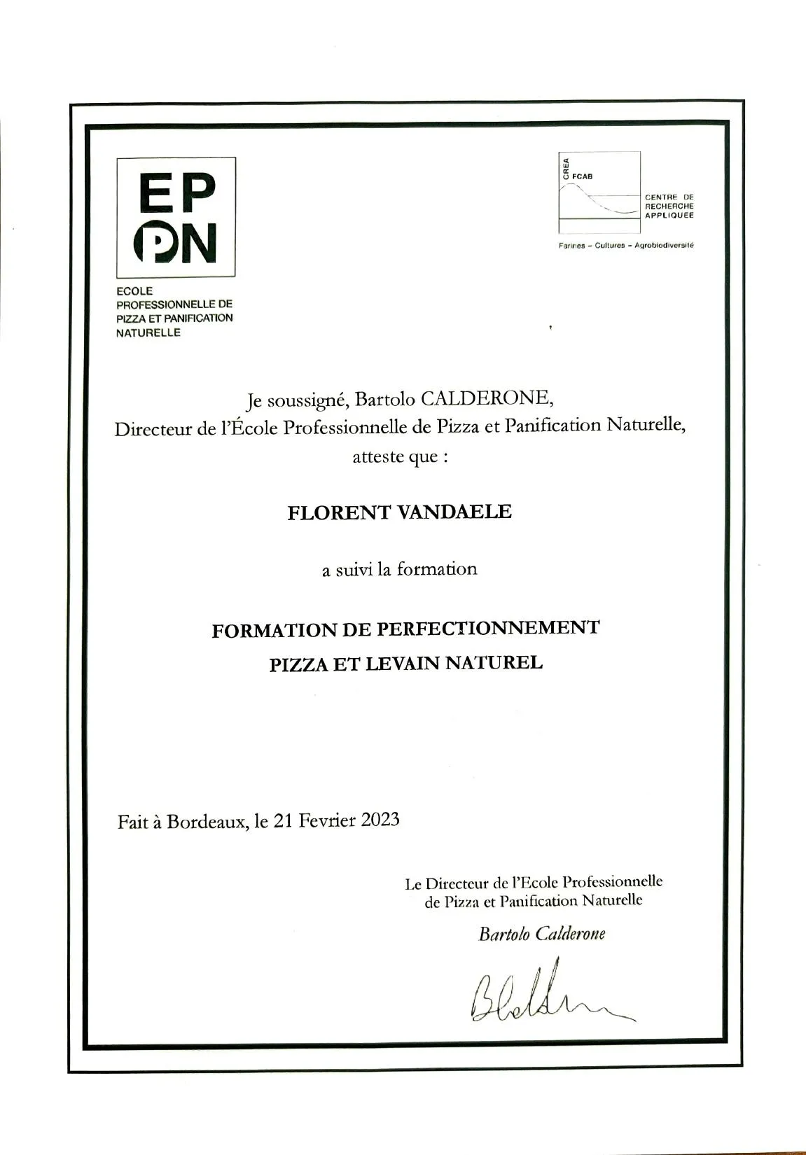 Certificat de formation en pizza napolitaine au levain naturel pour Pizza La Vista à Albi