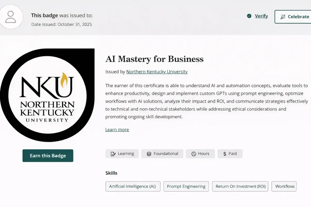 AI bootcamp for small business owners Cincinnati Northern Kentucky BizAccessHub NKU sample certificate