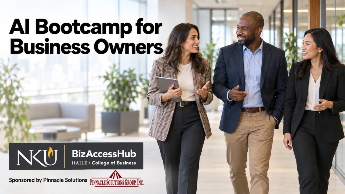 picture of two business women and a man in an office discussing the BizccessHub bootcamp sponsored by Pinnacle Solutions. Logos of BizAccessHub in black, gold, and white plus Pinnacle logo in red are included.  a link to a landing page at https://link.gobigformula.com/widget/form/obYVRri7gN1FEQiSAzBG is included when clicking on the picture.