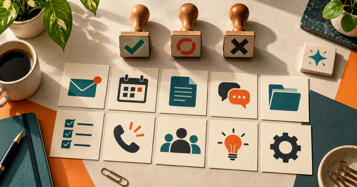 Ten office-task cards sit beneath stamps showing approval, revision and rejection symbols.