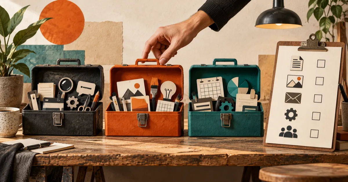 Three toolboxes filled with work tools sit beside a five-task checklist.