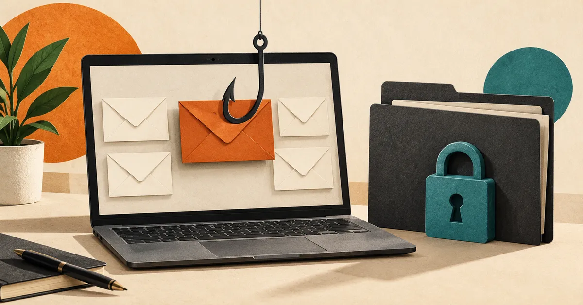 A suspicious email with a fishing hook appears on a laptop beside a padlocked document folder.