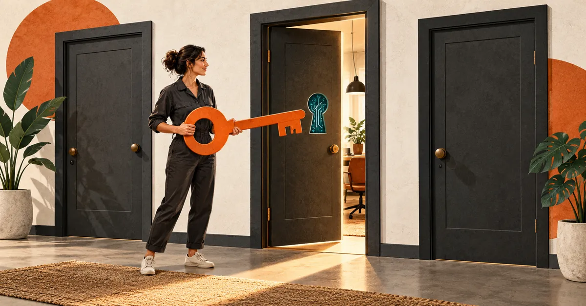 A business owner holds an oversized key beside one open office door and two closed doors.