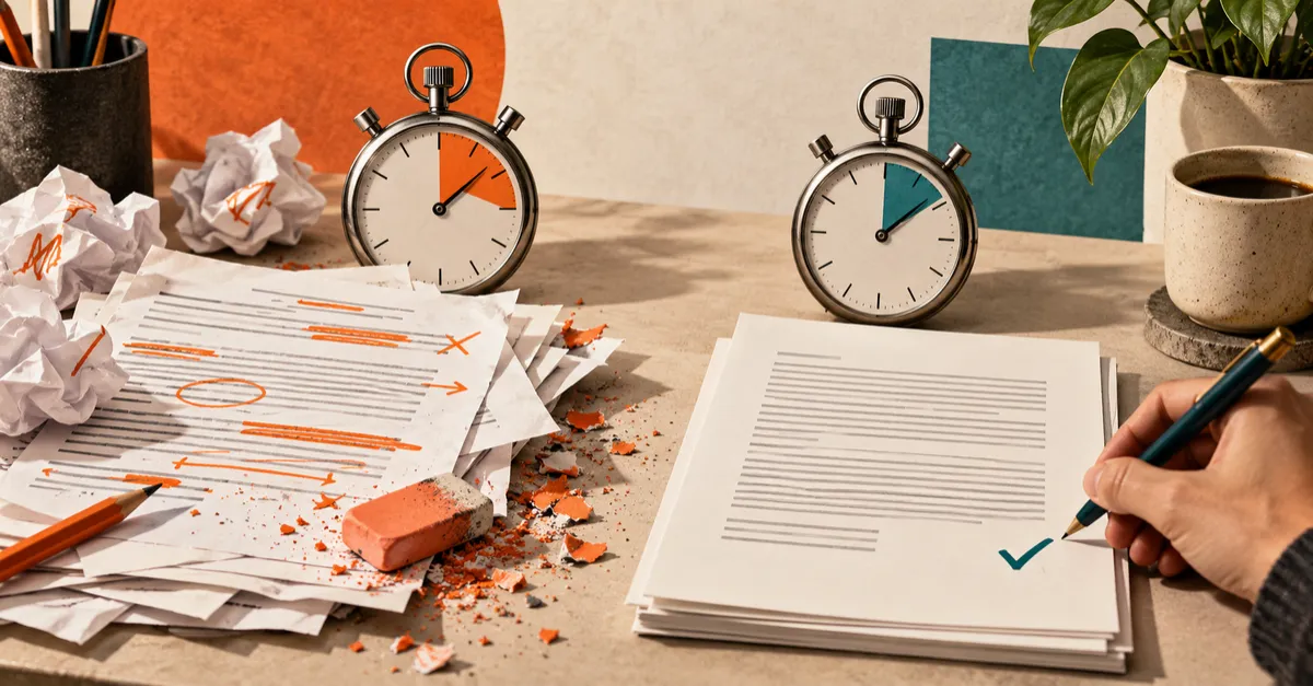 Two stopwatches sit beside a heavily corrected draft and a checked final document.