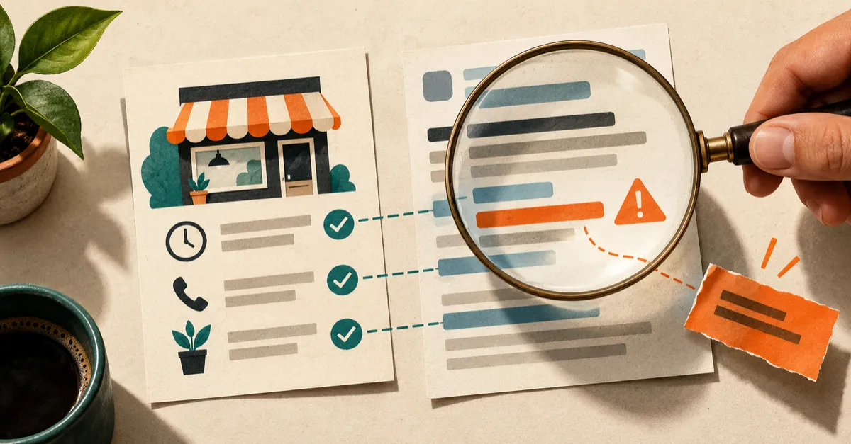 A magnifying glass highlights a questionable AI answer beside a company fact sheet.