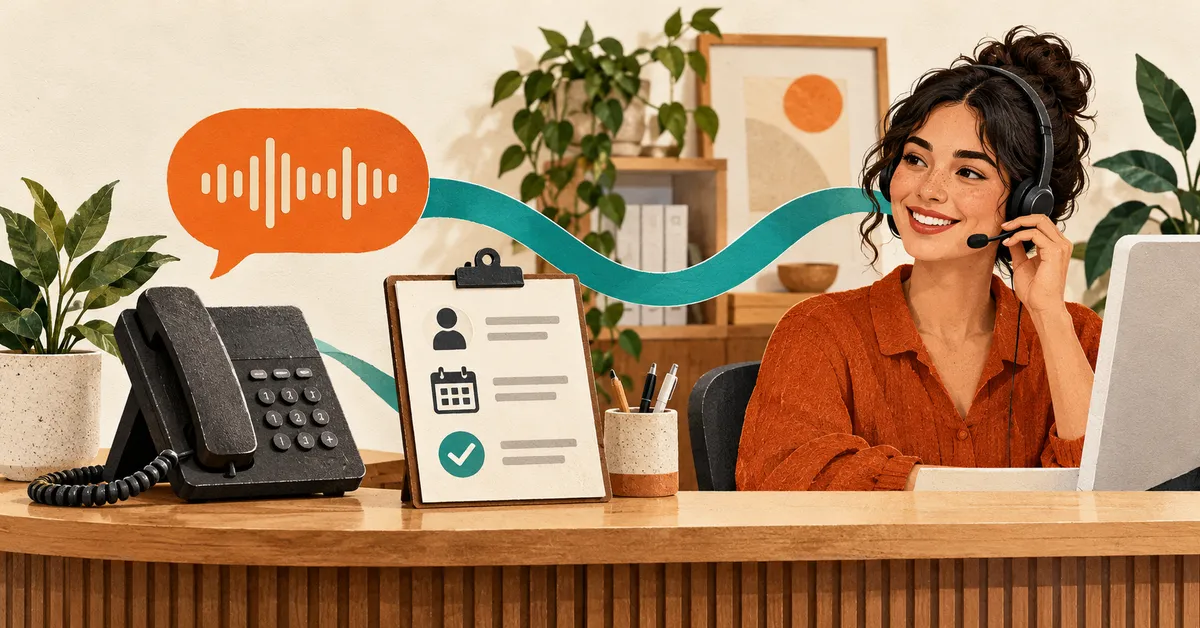A telephone and intake checklist connect visually to a receptionist wearing a headset.