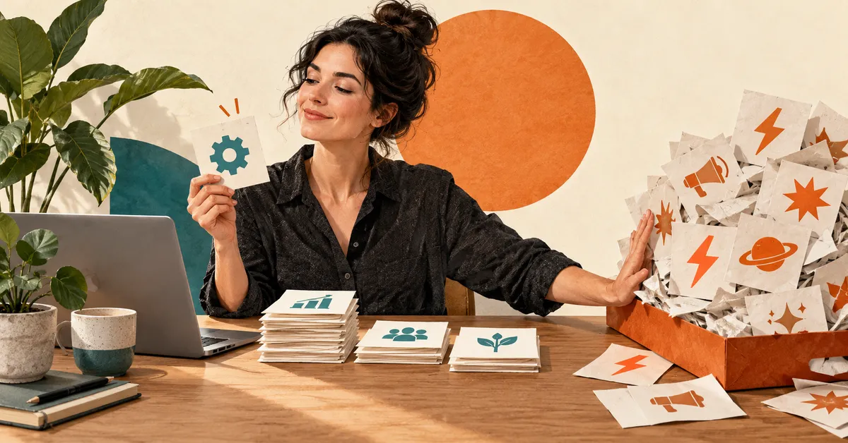 A business owner selects useful task cards while pushing a pile of hype cards aside.