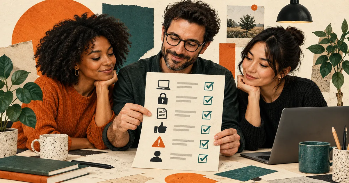 Three colleagues review a single-page policy checklist with six pictogram rows.