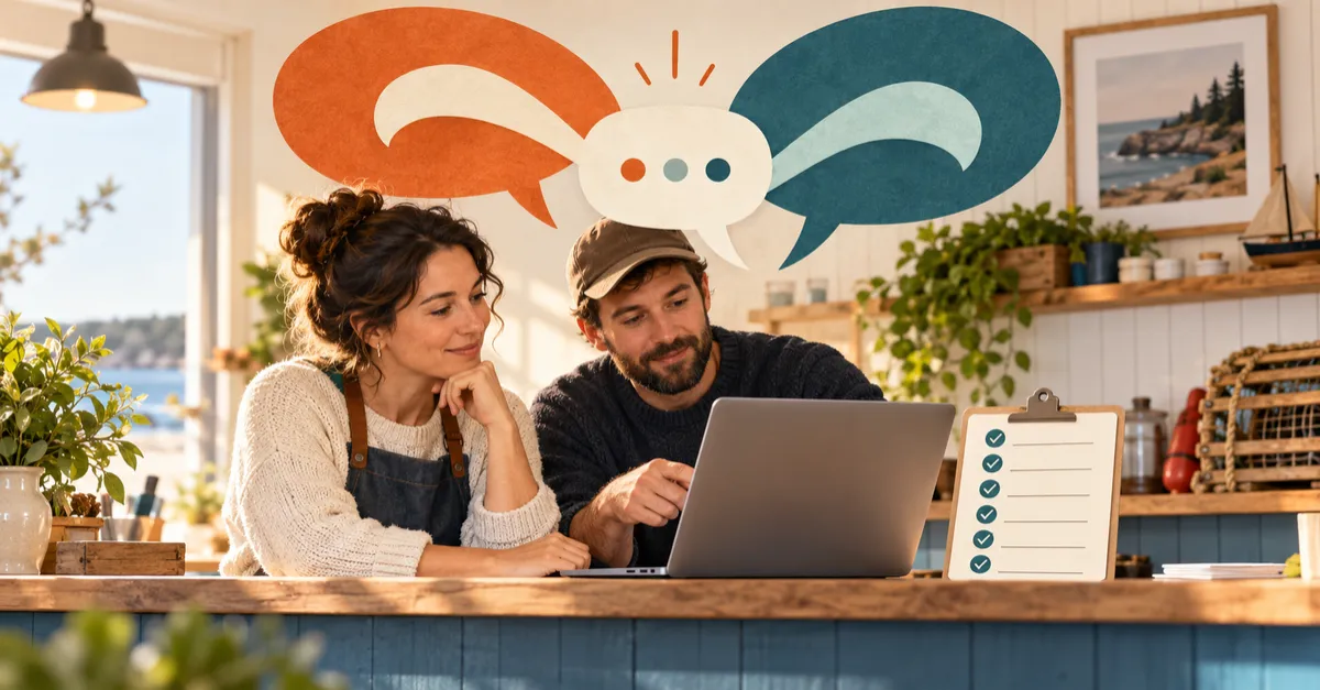 Two small-business colleagues review a laptop beneath overlapping speech bubbles, beside a six-item checklist.
