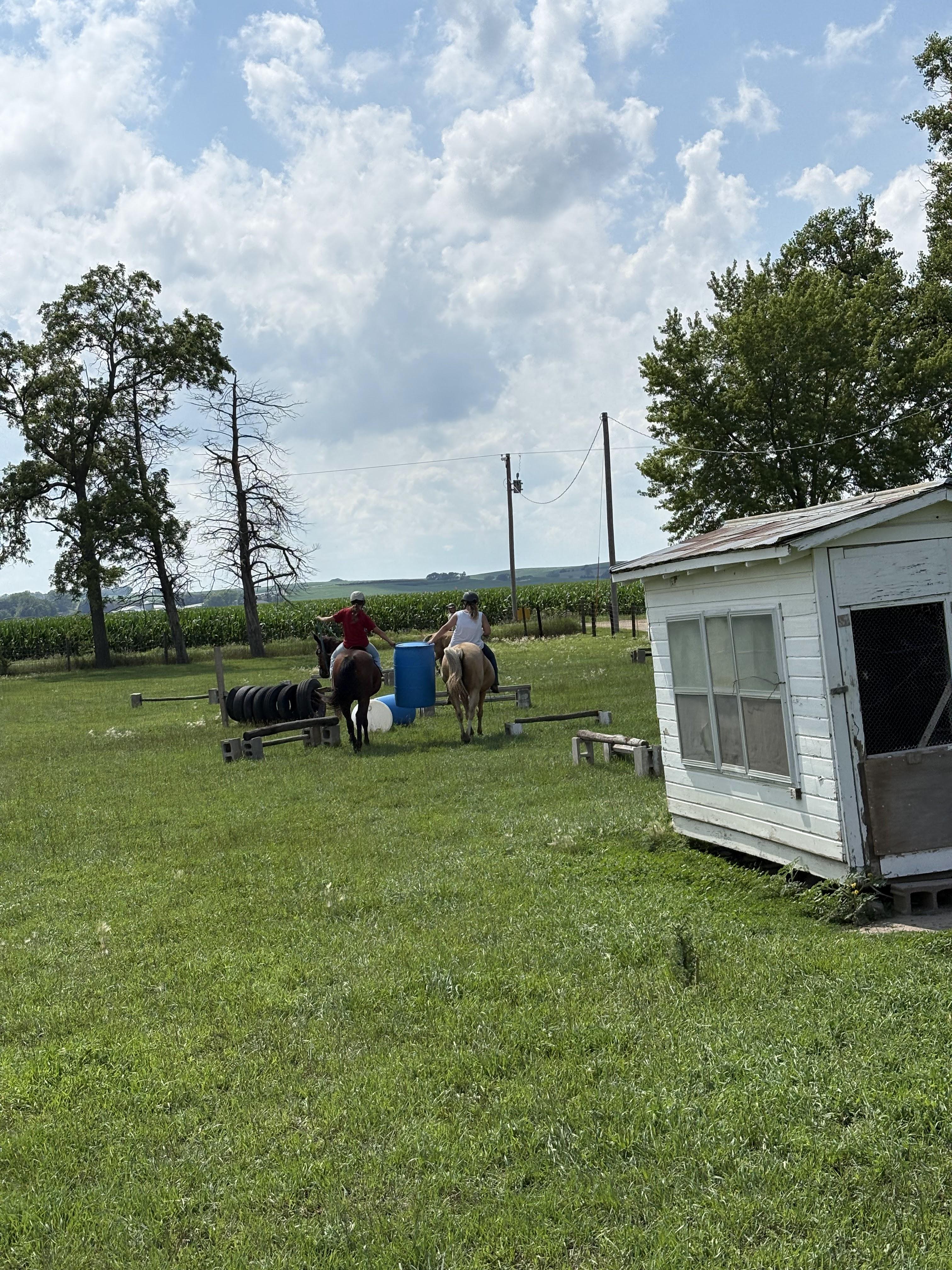 Photorealistic group of summer campers at a horse summer camp