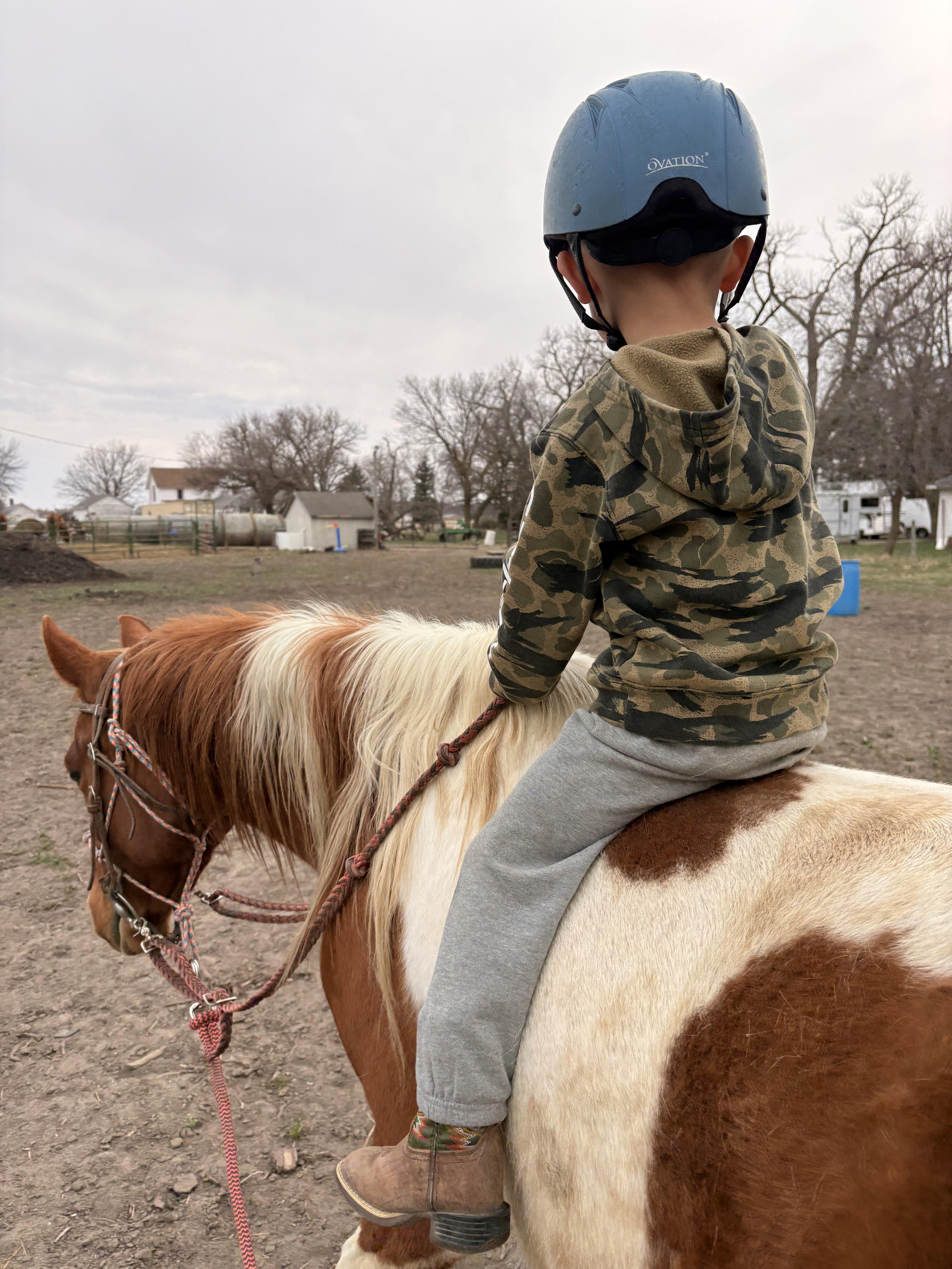 Photorealistic 4-year-old riding a horse