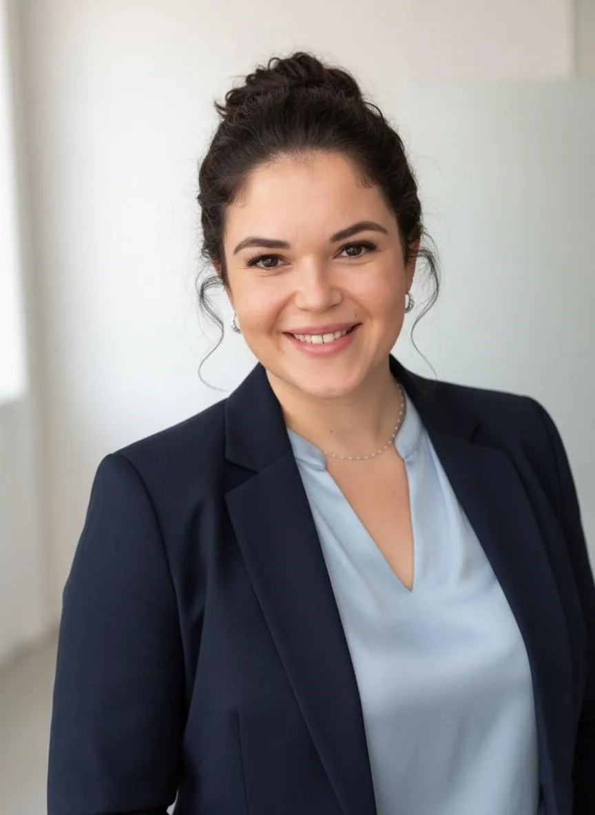 Theresa, co-founder, professional portrait in a bright vacation rental kitchen.