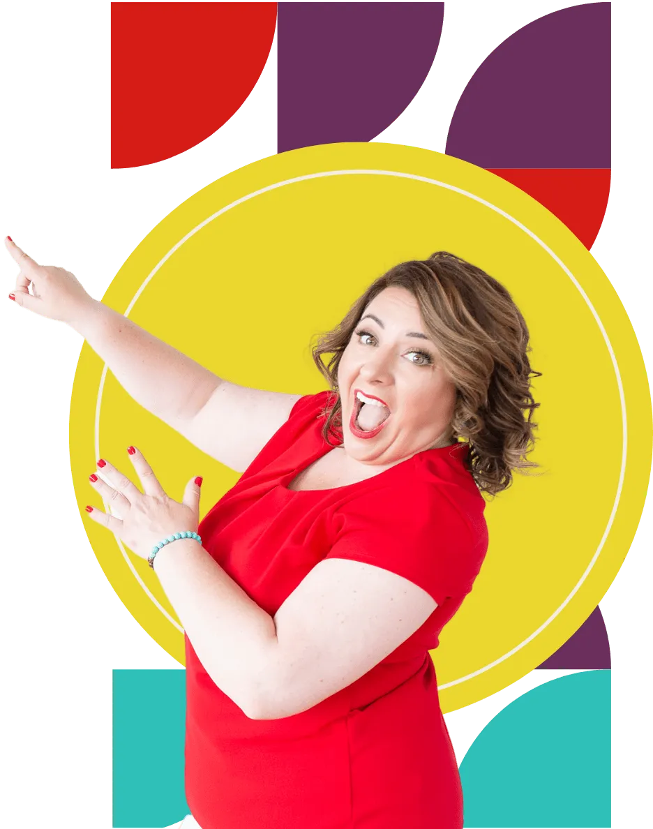 Renee Hribar excitedly pointing to "The 3–4 Conversations You’re Not Having" headline with colorful geo-shaped graphics in her brand colors