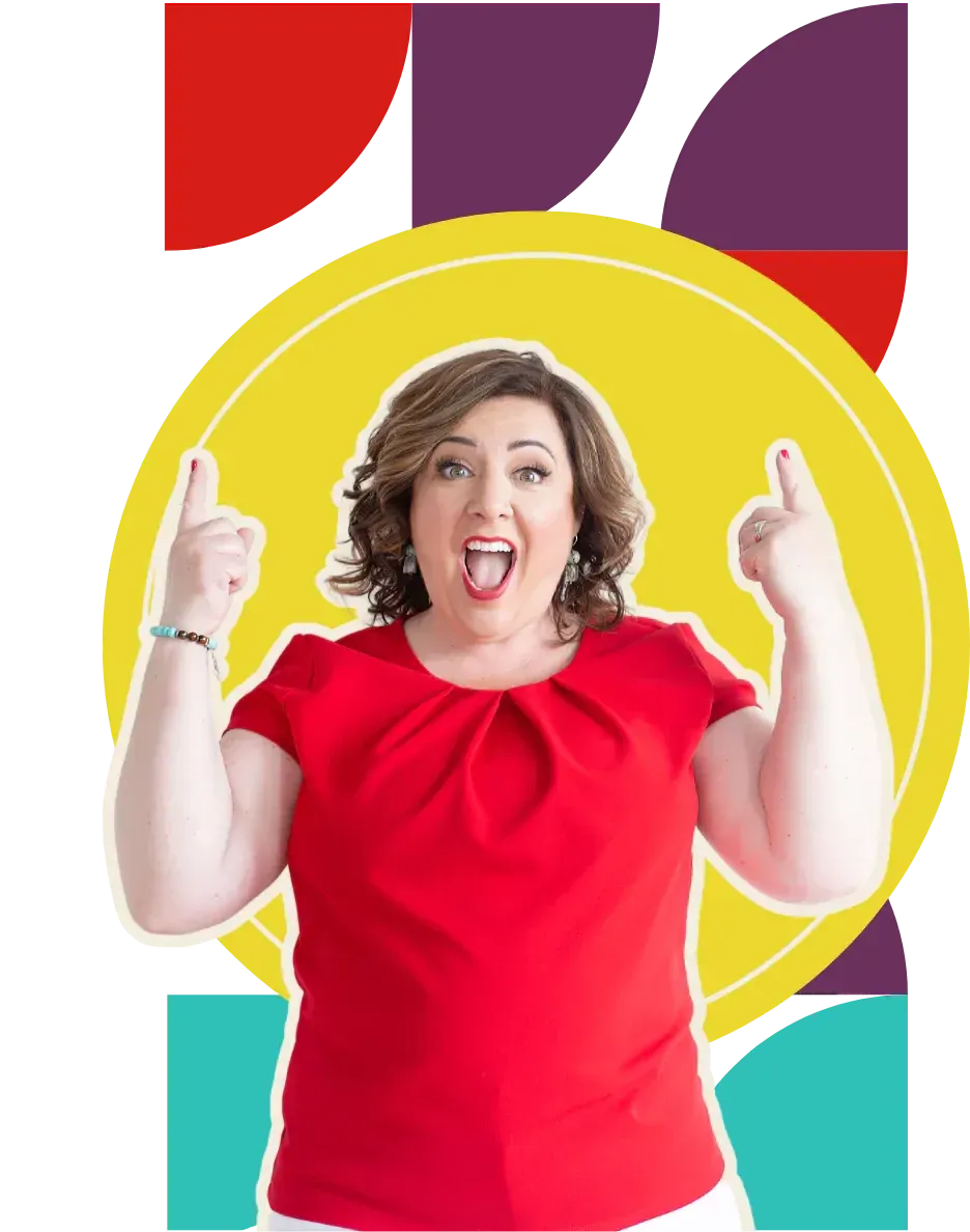 Renee Hribar excitedly pointing to "The 3–4 Conversations You’re Not Having" headline with colorful geo-shaped graphics in her brand colors