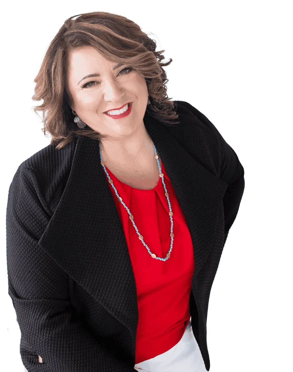 Renee Hribar excitedly pointing to "The 3–4 Conversations You’re Not Having" headline with colorful geo-shaped graphics in her brand colors