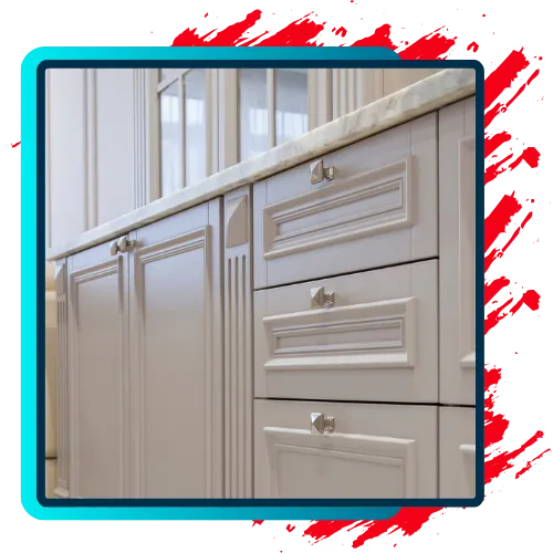 Professional cabinet painters preparing cabinet doors in DeSoto TX