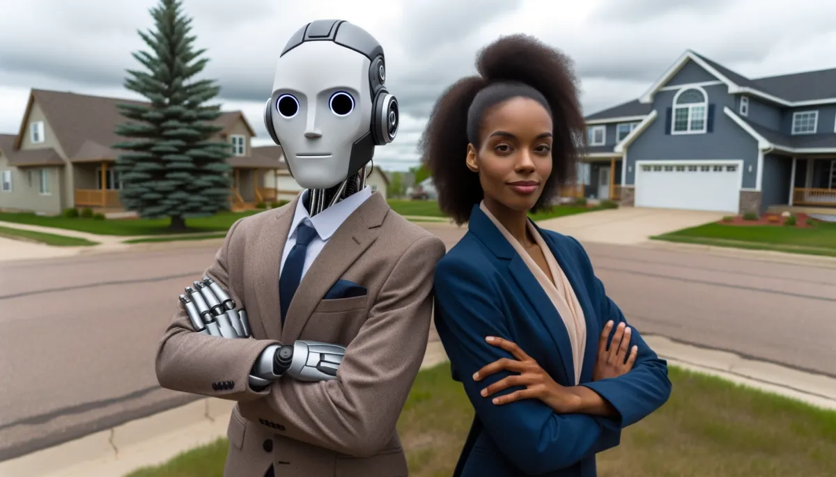 marketing in 2023 north dakota, seo company called innovative media solutions llc located in grand forks, real estate woman standing with anthropomorphized chatbot