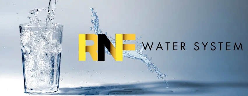 RNF Water System logo with a splash of water and a glass of clean drinking water, highlighting advanced water purification and filtration solutions for a healthier lifestyle.