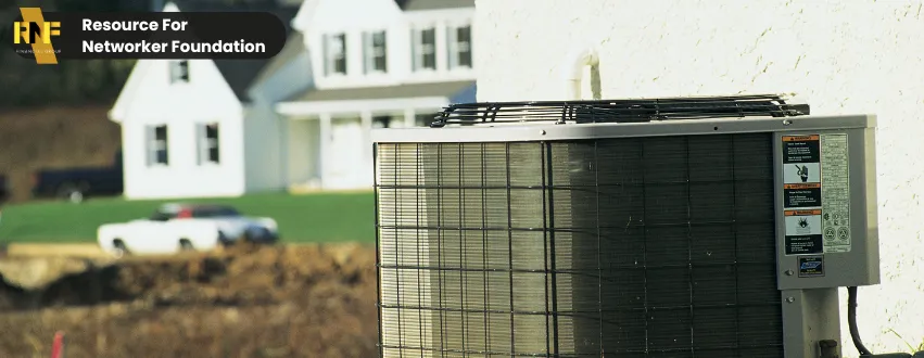 Energy-efficient outdoor HVAC unit installed near a modern home, representing sustainable heating and cooling solutions by RNF Financial Group.