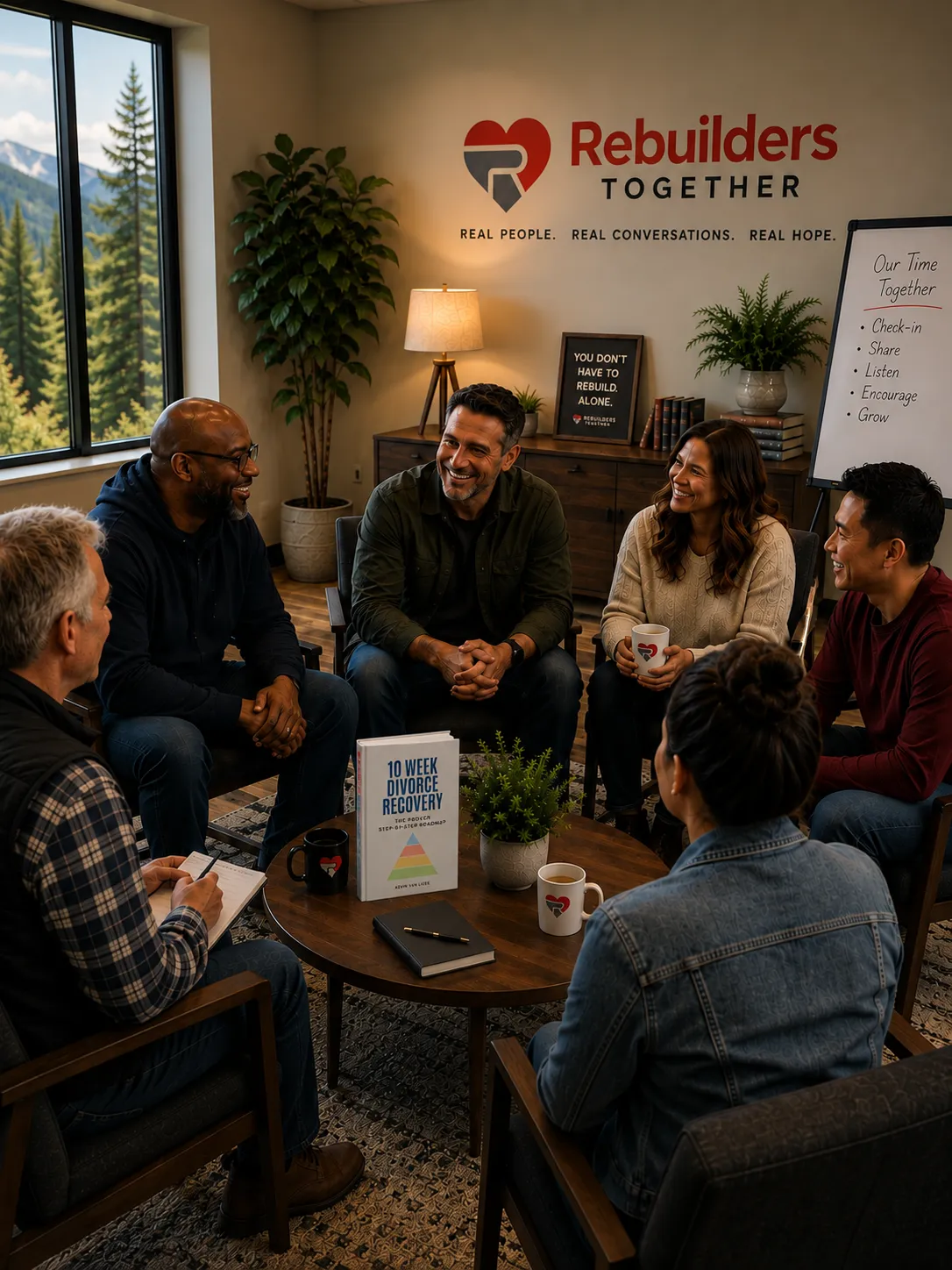 A warm, candid photo of a group setting at a Rebuilders gathering