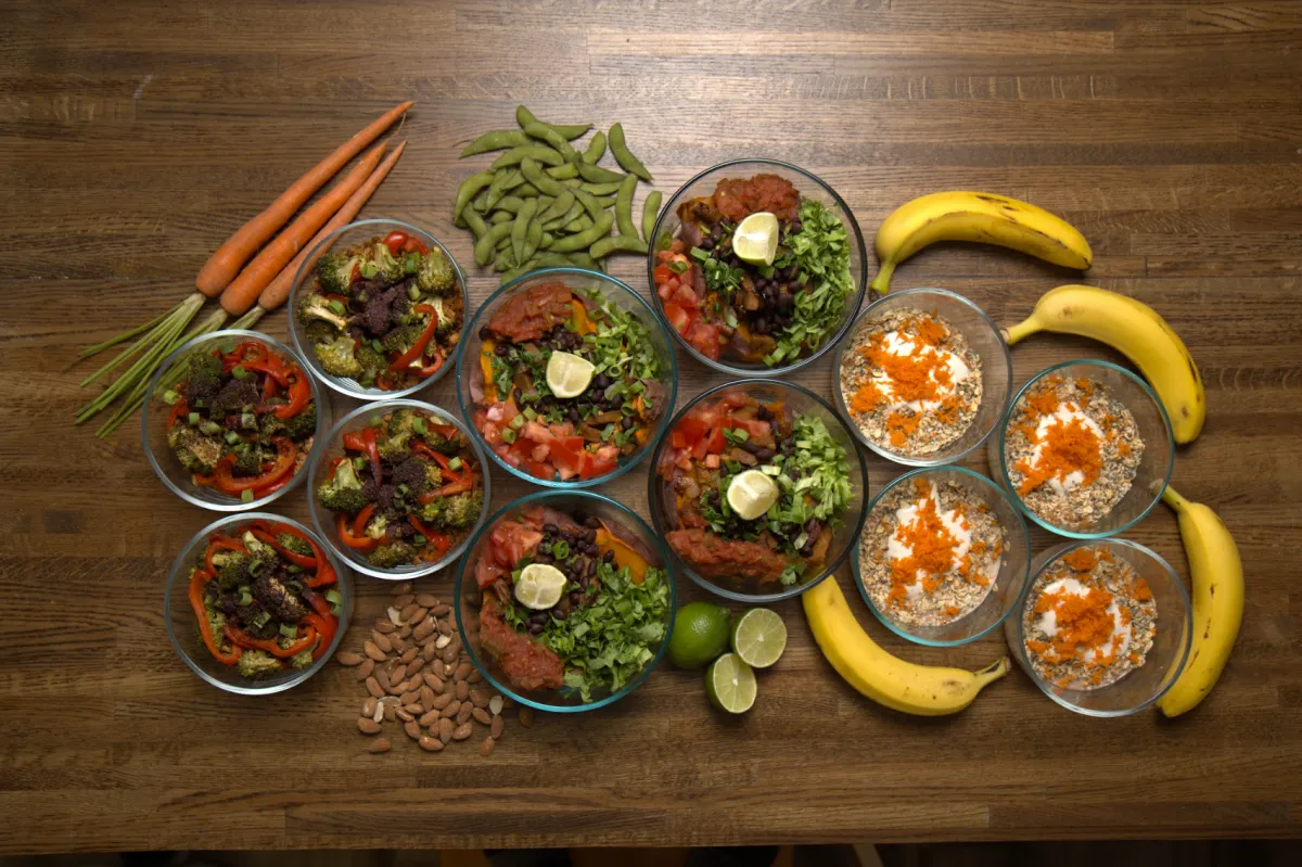 Table of vegan food, with fruits & vegetables