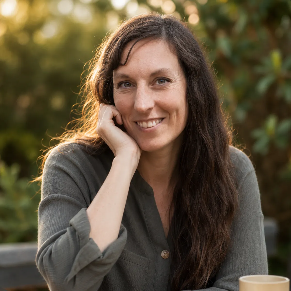 Portrait photograph of a smiling woman resting her chin on her hand, taken outdoors with a softly blurred background. The image has rounded top corners.