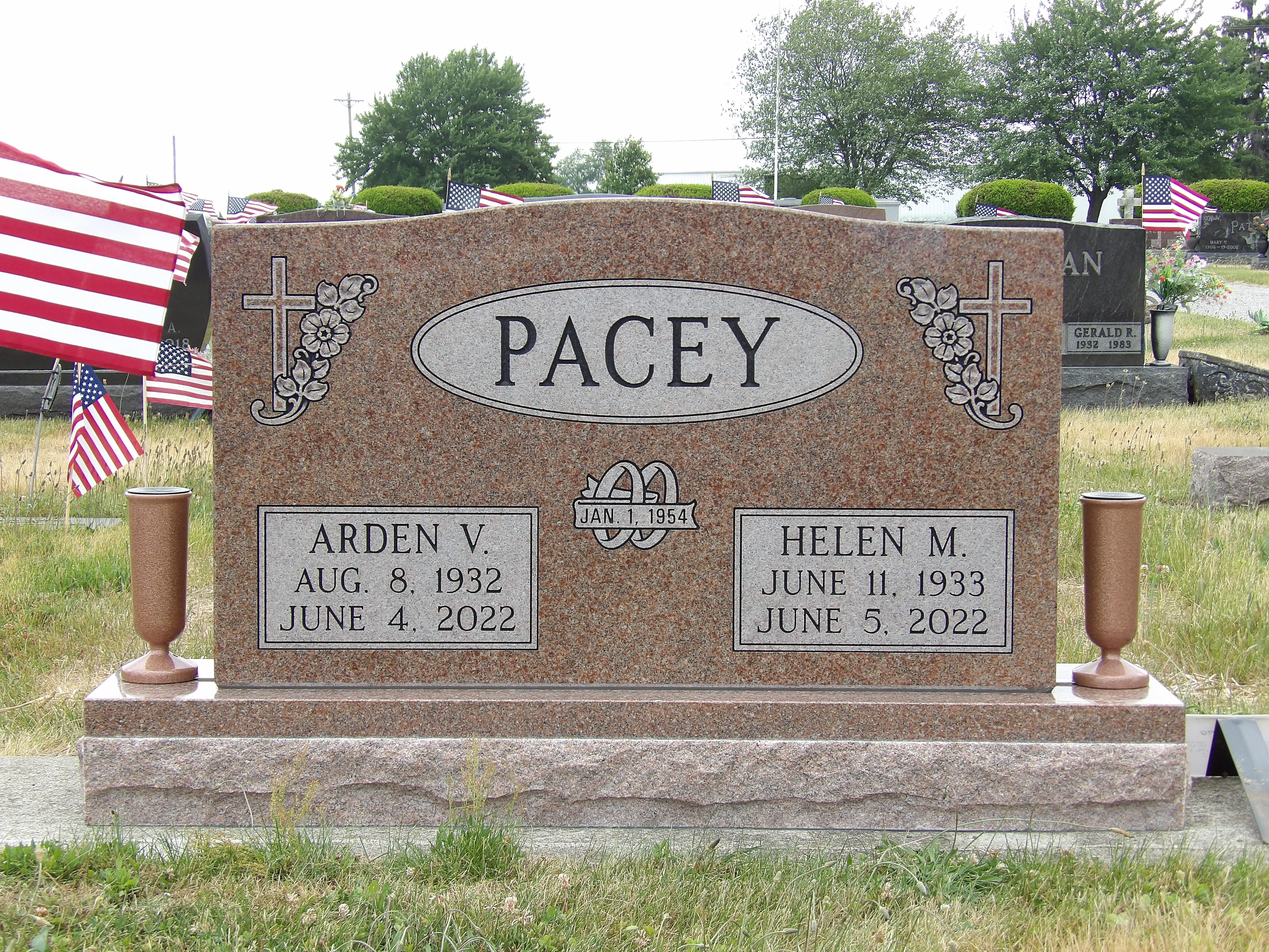 Example of custom granite cemetery monuments including upright and companion headstones available in Montpelier Ohio.