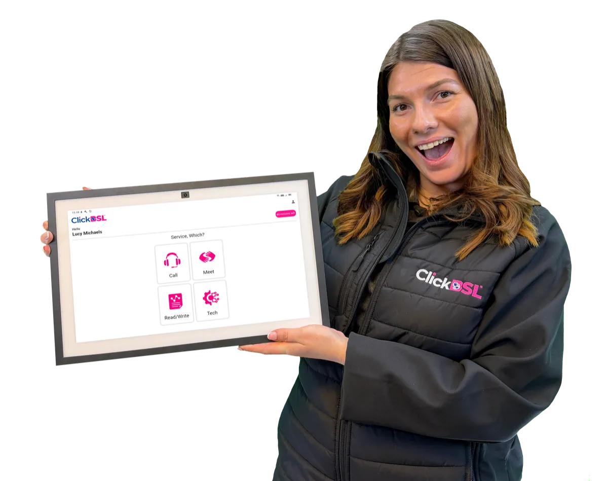 ClickBSL team member holding an Echo Show 15 showing the ClickBSL app