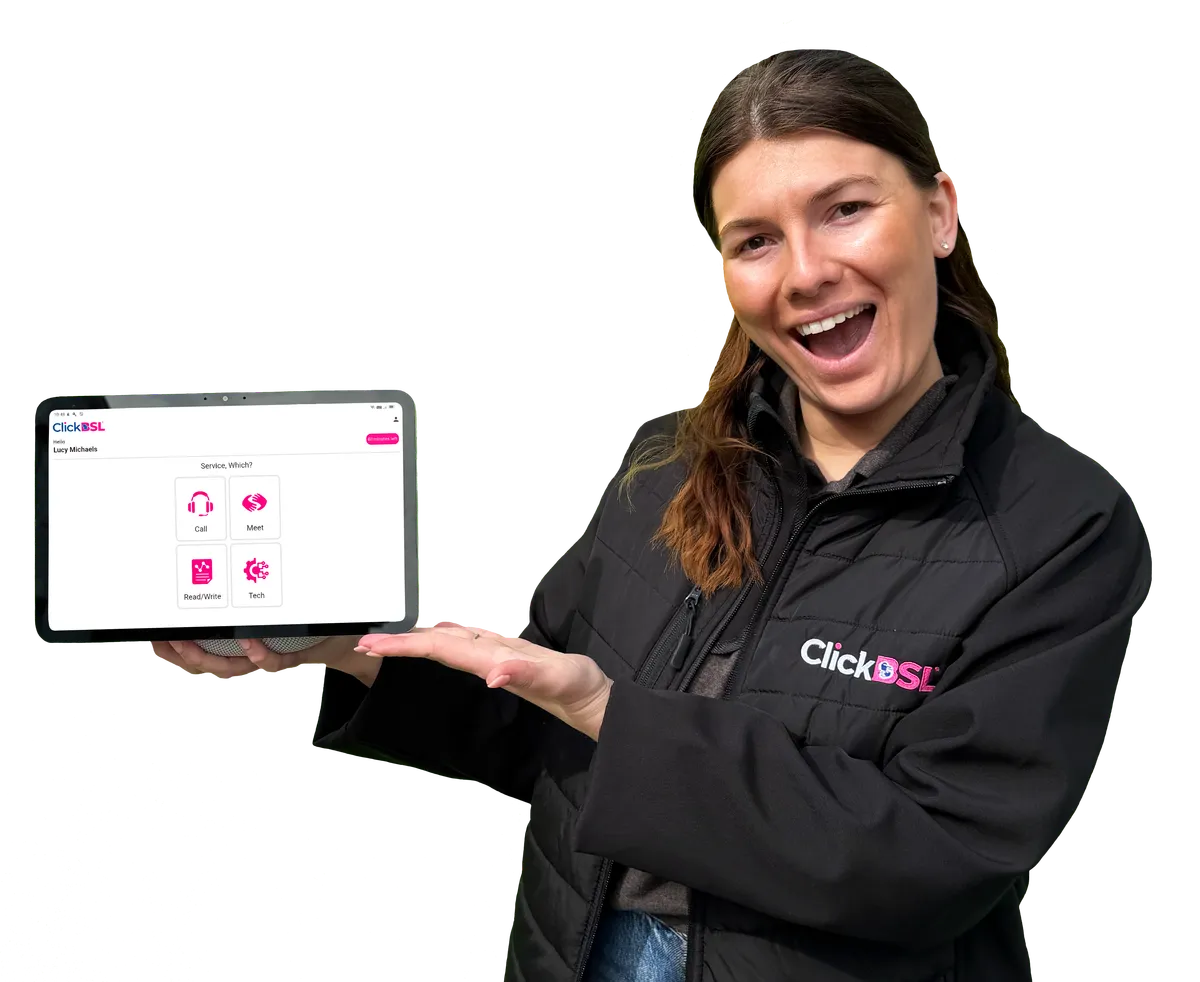 ClickBSL team member holding a tablet showing the ClickBSL app