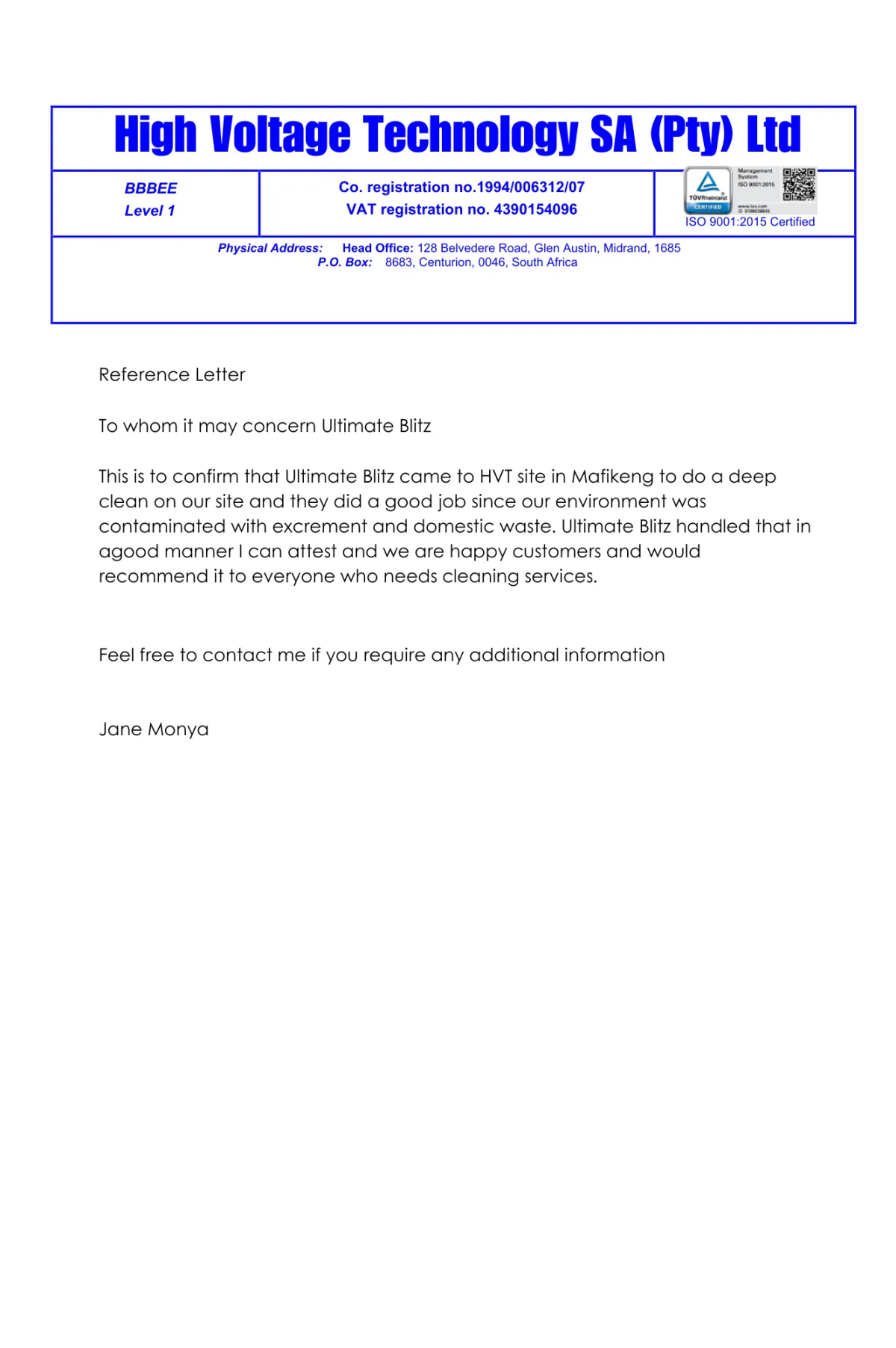 Client reference letter praising Ultimate Blitz’s professional cleaning services in Potchefstroom and Mafikeng