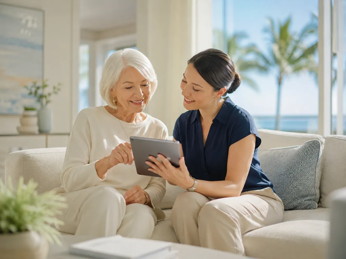 Senior woman smiling while using a tablet at home