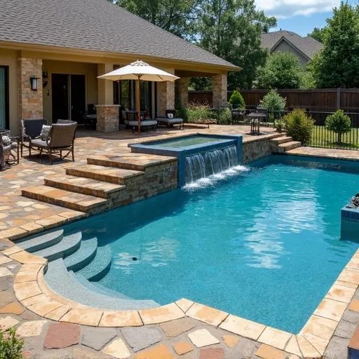  Luxury custom pool with waterfall features and tanning ledge in Cypress, TX backyard.