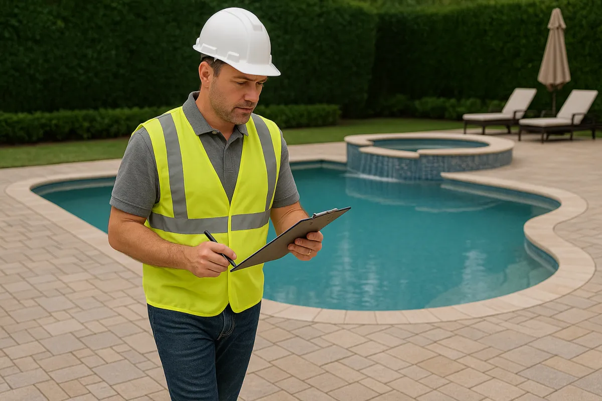 Custom pool design consultation meeting with homeowner in Cypress Texas backyard showing property evaluation process