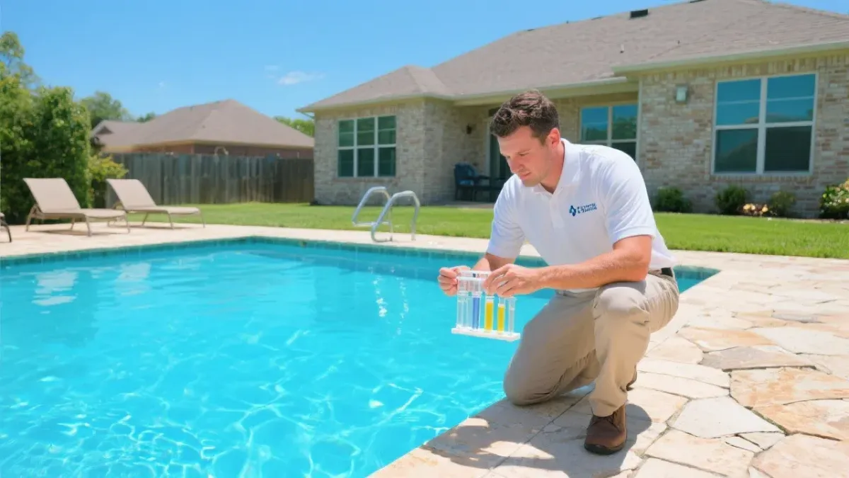 Custom pool design consultation meeting with homeowner in Cypress Texas backyard showing property evaluation process