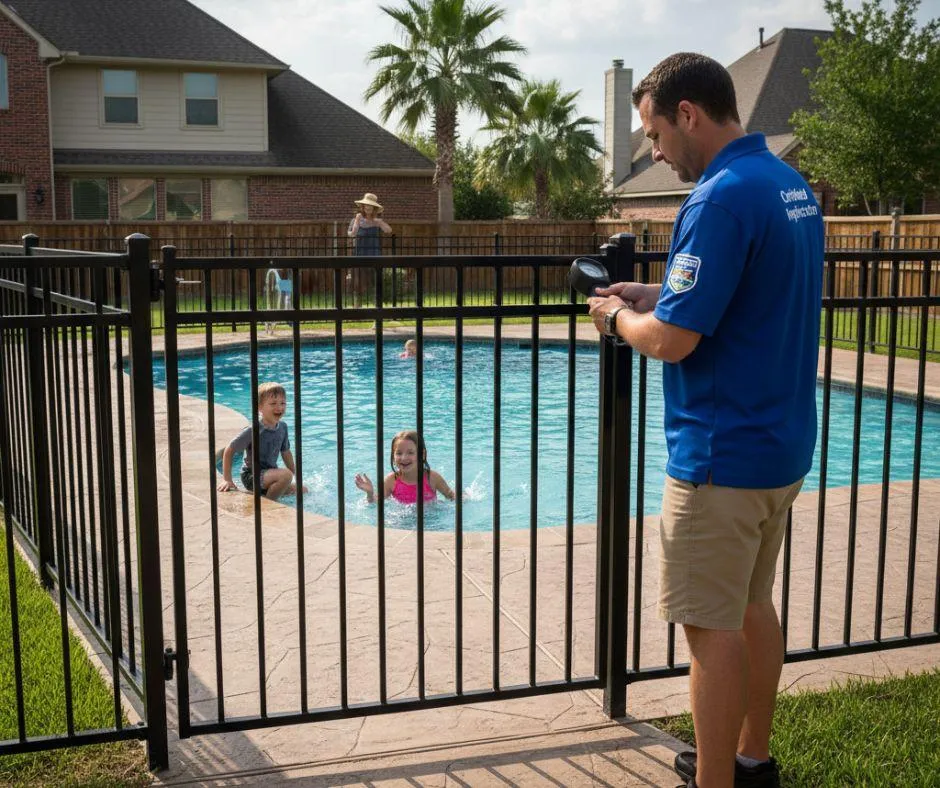 Pool safety inspection Houston TX checking gate compliance