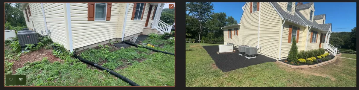Elegant front yard landscaping featuring a freshly mulched garden bed, neatly trimmed shrubs, and a well-maintained driveway beside a classic brick home. Professional landscape design and maintenance services by HMD Landscaping to enhance curb appeal.
