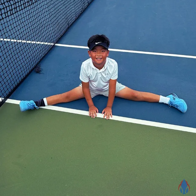 Young tennis athlete stretching at Zenniq Academy in Katy, Texas – flexibility training, injury prevention, youth tennis development program