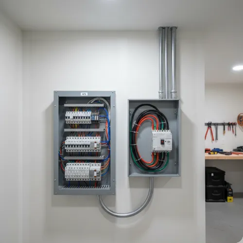 Electrician connecting residential backup generator system for emergency power