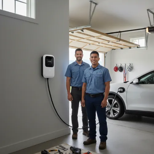 Level 2 EV charging station installed in a residential garage in Asheville North Carolina