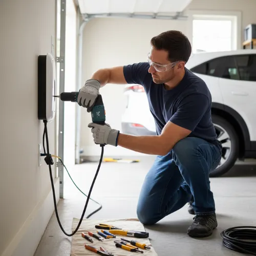 Licensed electrician installing a Level 2 home EV charger in Asheville NC